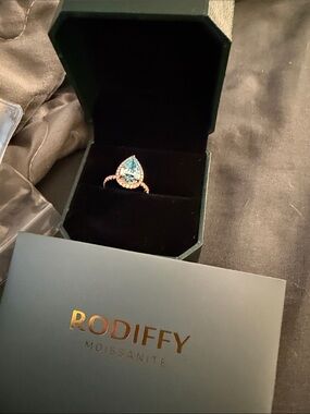 Teardrop Aquamarine Moissanite Halo Ring in Rose Gold